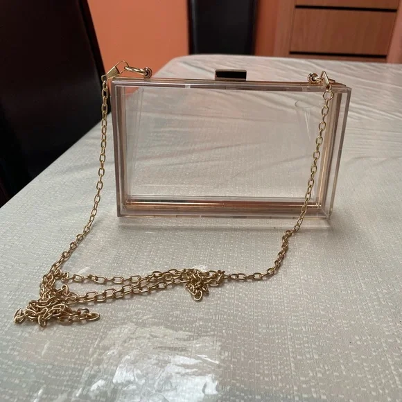 Clear Lucite Clutch With Gold Border - detachable crossbody chain - Picture 3 of 11
